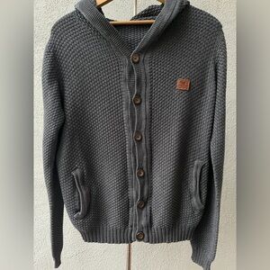 Men's Ferrioni Charcoal Gray Hooded Cardigan Sweater with Button Front M